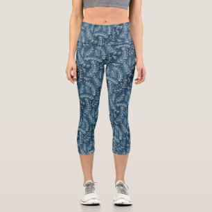 Blue Indigo Leaves Twigs Pattern Capri Leggings