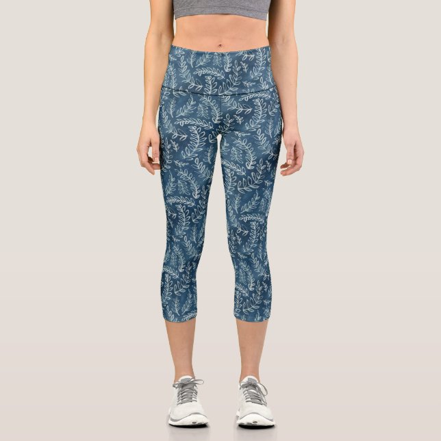Blue Indigo Leaves Twigs Pattern Capri Leggings (Front)