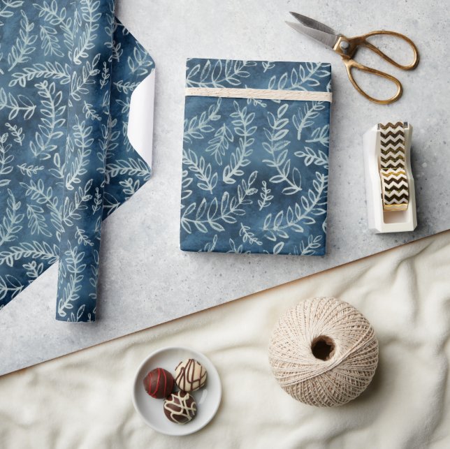Blue Indigo Leaves Twigs Pattern Wrapping Paper (Crafts)