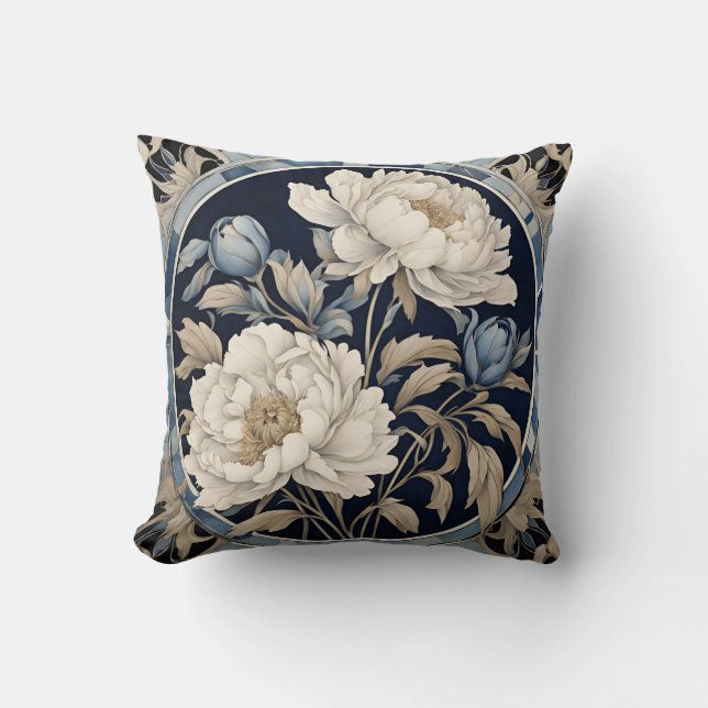 Blue Indigo Peony Floral  Cushion (Front)