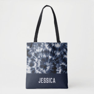 Blue Indigo Shibori Tie Dye Custom Name Tote Bag