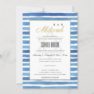 BLUE INDIGO STRIPES PATTERN BAT BAR MITZVAH INVITE