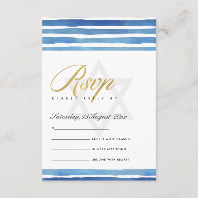 BLUE INDIGO STRIPES STAR BAR BAT MITZVAH RSVP ENCLOSURE CARD (Front)