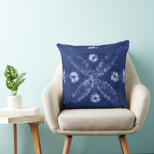 Blue Indigo Tie Dye Shibori Flower Throw Pillow