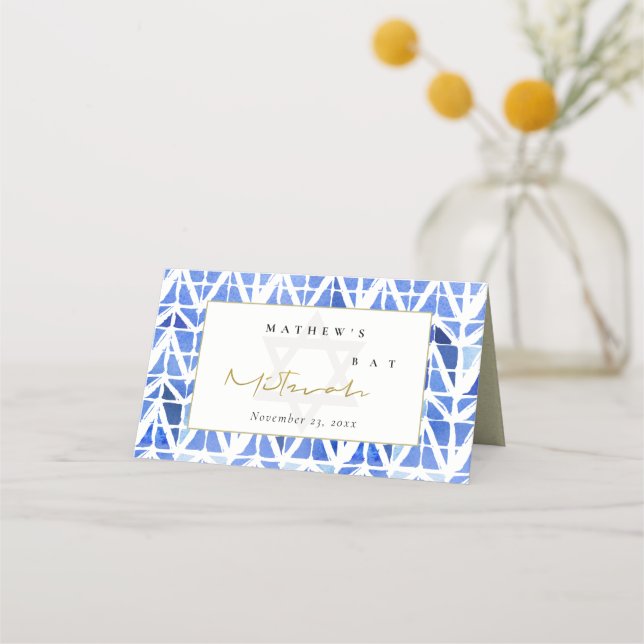 BLUE INDIGO WATERCOLOR CHEVRON BAR BAT MITZVAH PLACE CARD (Back)