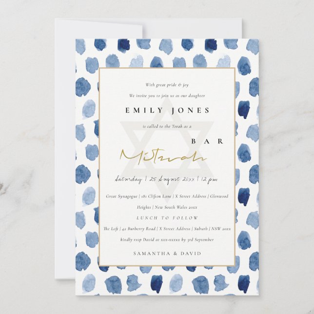 BLUE INDIGO WATERCOLOR DOTS BAT BAR MITZVAH INVITE (Front)