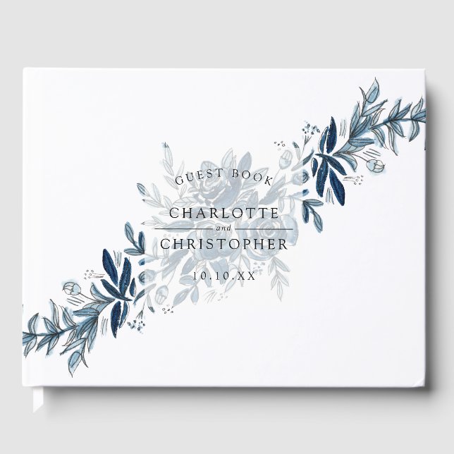 Blue indigo watercolor floral lineart wedding guest book (Front)