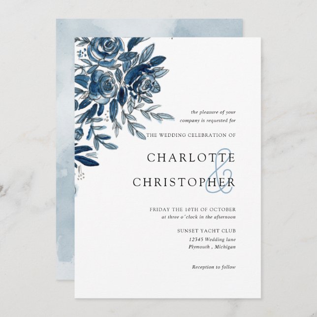 Blue indigo watercolor floral lineart wedding invitation (Front/Back)