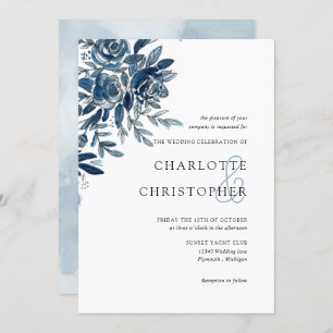 Blue indigo watercolor floral lineart wedding invitation