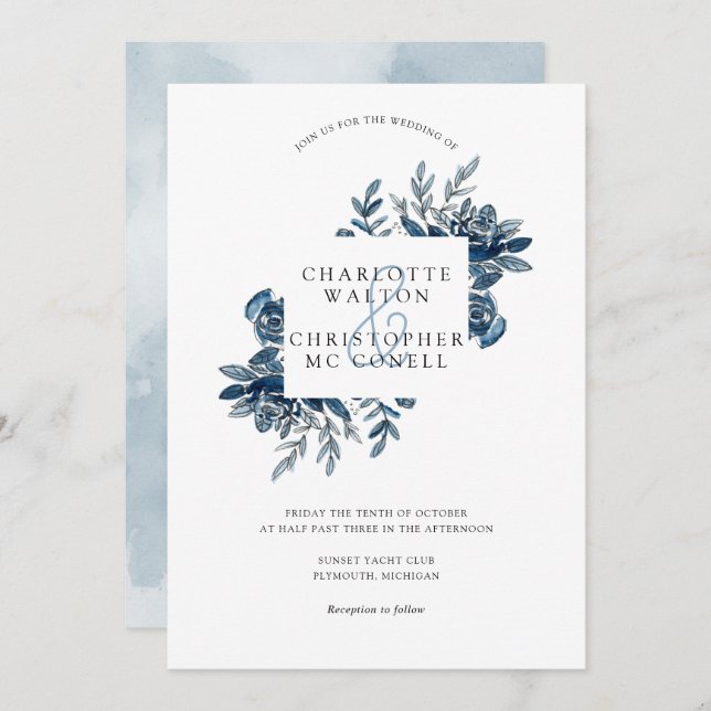 Blue indigo watercolor floral lineart wedding invitation (Front/Back)