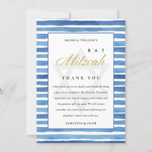 BLUE INDIGO WATERCOLOR STRIPES BAT BAR MITZVAH THANK YOU CARD
