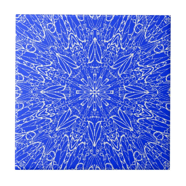 Blue indigo white geometric star wheel design ceramic tile (Front)