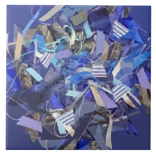 Blue indigo white grey abstract geometric stripes  ceramic tile (Front)