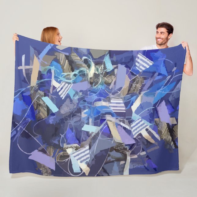 Blue indigo white grey abstract geometric stripes  fleece blanket (In Situ)