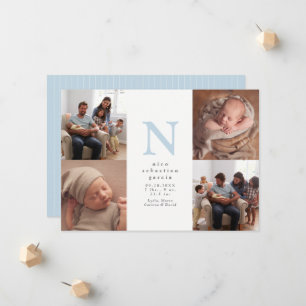 Blue initial four photo collage boy birth announcement