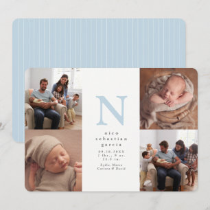 Blue initial four photo collage boy birth announcement