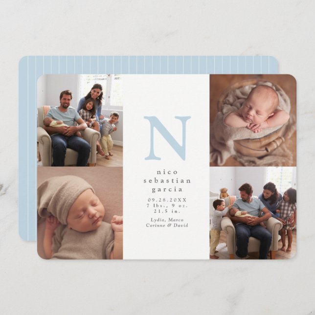 Blue initial four photo collage boy birth announcement (Front/Back)