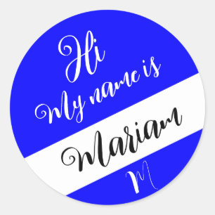 Blue (Initial Letter & Name) Hi, My Name is Classic Round Sticker