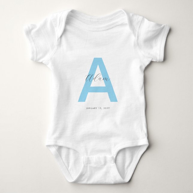 Blue Initial Name Personalised Baby Bodysuit (Front)