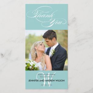 BLUE INITIAL SCRIPT WEDDING THANK YOU PHOTO CARD
