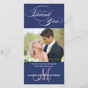 BLUE INITIAL SCRIPT WEDDING THANK YOU PHOTO CARD