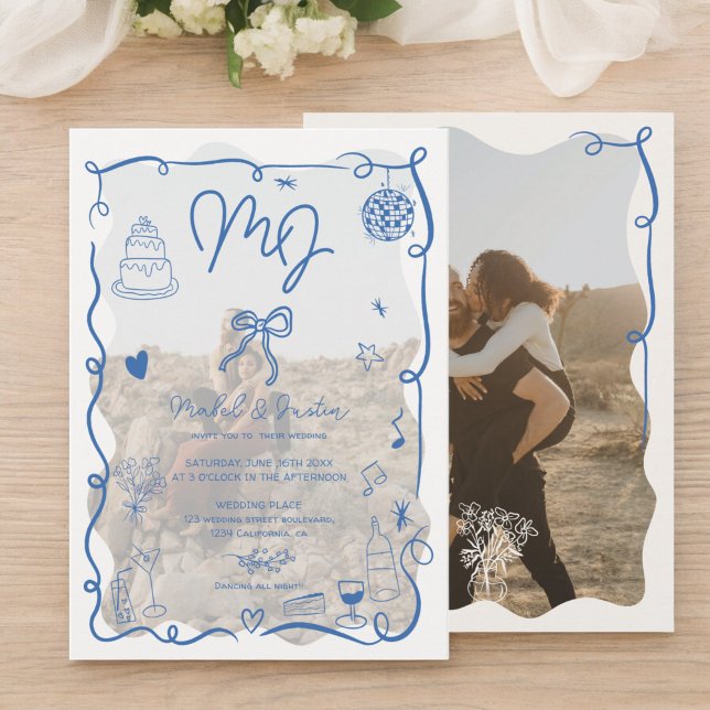 Blue initials handdrawn illustrated photos wedding invitation (Blue initials handdrawn illustrated photos wedding invitation)