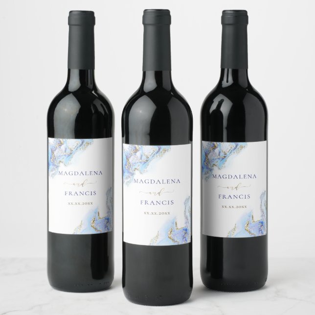 blue ink marble wedding Wine Label (Bottles)