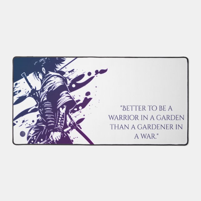 Blue Ink Samurai Warrior & Custom Quote Desk Mat (Front)