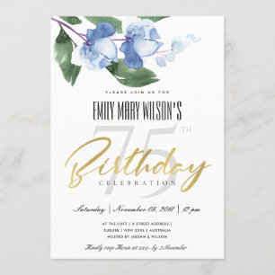BLUE INK WASH WATERCOLOR FLORAL ANY AGE BIRTHDAY INVITATION