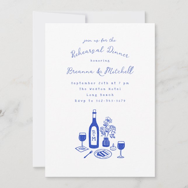 Blue Ink Whimsical Hand Drawn Rehearsal Dinner Invitation (Front)