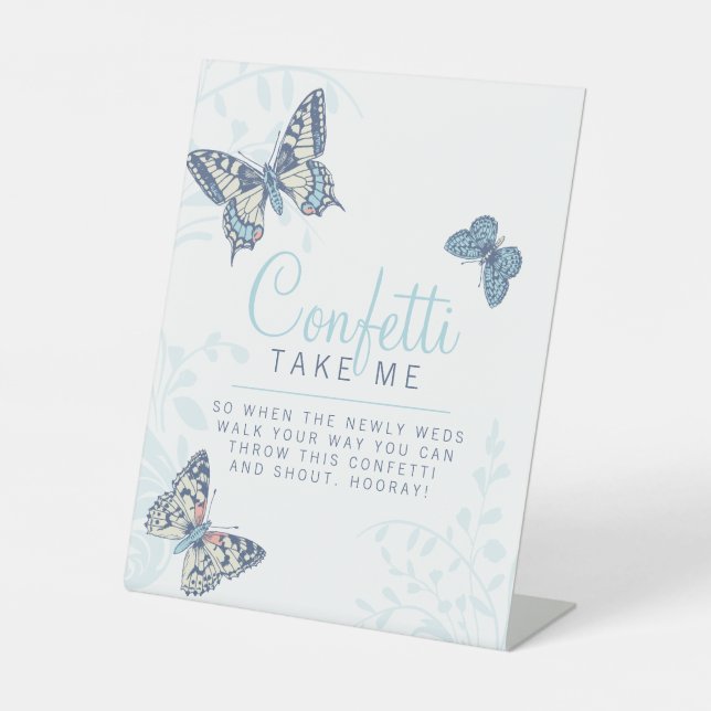 Blue inked butterflies wedding confetti sign (Front)