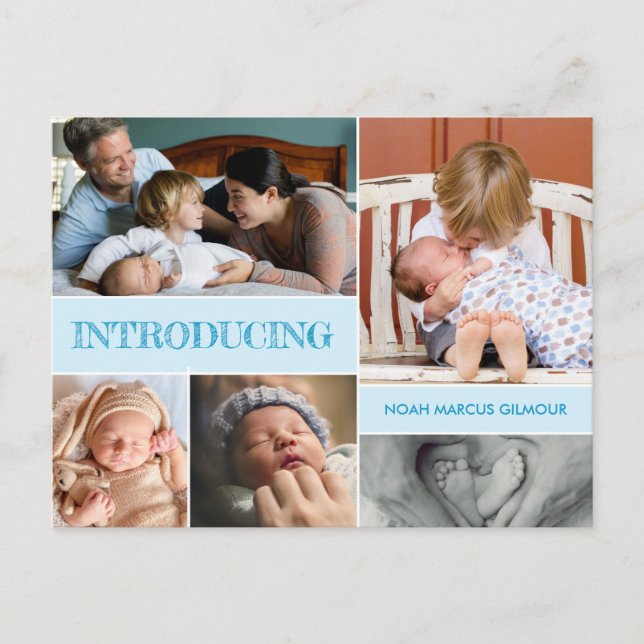 Blue introducing Second Baby Birth Photo Collage Announcement Postcard (Front)