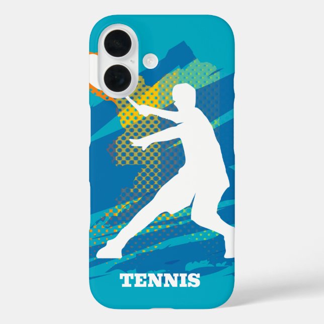 Blue Iphone 16 case with tennis player silhouette (Back)