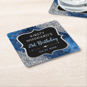 Blue Iridescent Glitter Mermaid Letters Birthday Square Paper Coaster