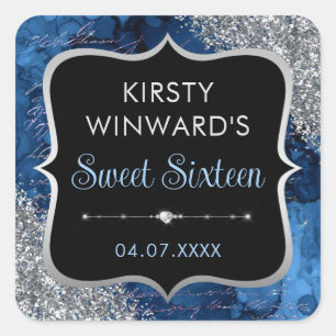 Blue Iridescent Glitter Mermaid Letters Sweet 16 Square Sticker