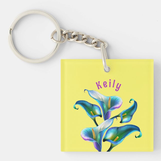 Blue Iridescent Holographic Calla Lilies Key Ring (Front)