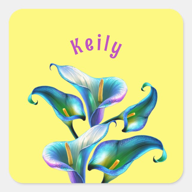 Blue Iridescent Holographic Calla Lilies Square Sticker (Front)