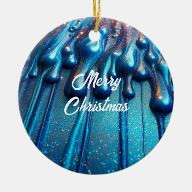 Blue Iridescent Liquid Drips Christmas Ceramic Ornament (Front)