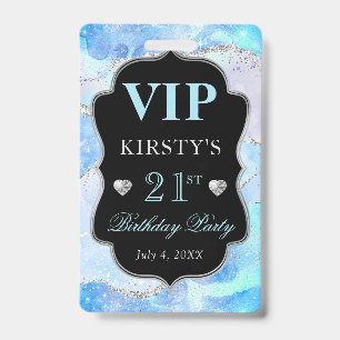 Blue Iridescent Silver Glitter Agate Birthday VIP ID Badge