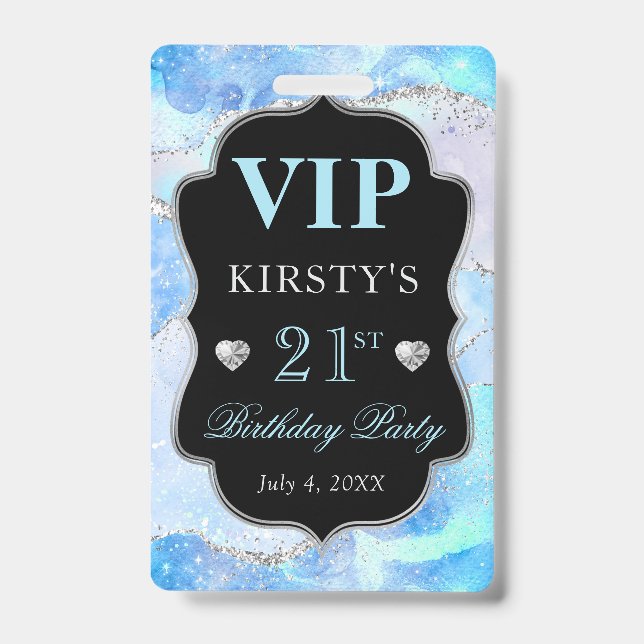 Blue Iridescent Silver Glitter Agate Birthday VIP ID Badge (Front)