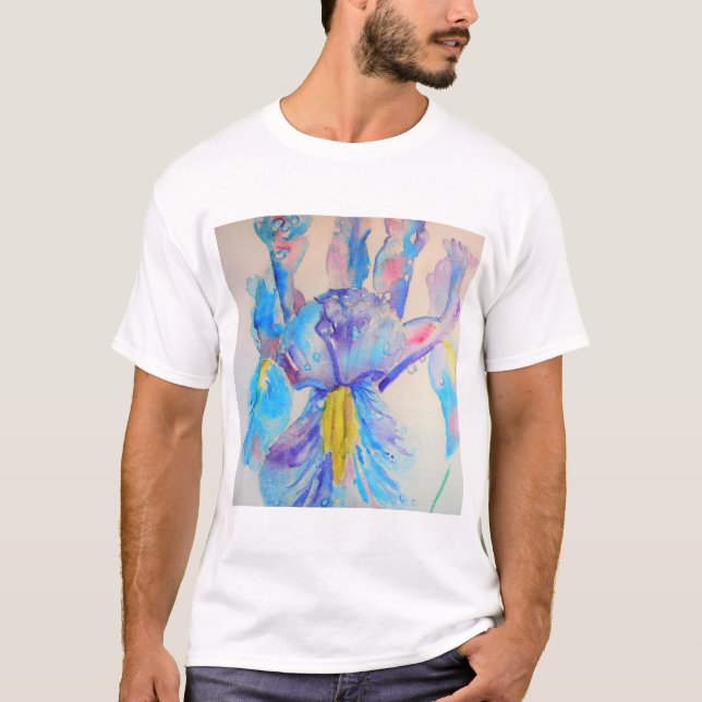 Blue Iris Art floral Watercolor Design T-Shirt (Front)
