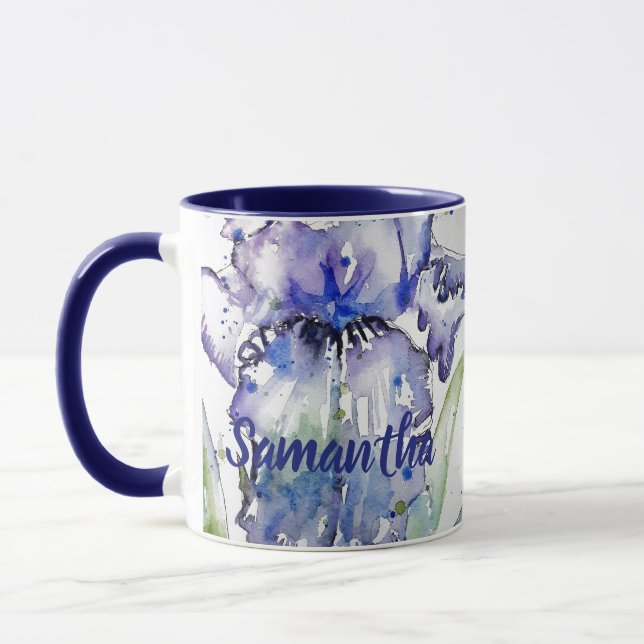 Blue Iris Art floral Watercolor Flower Womans Mug (Left)