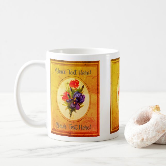 Blue Iris Bouquet Vintage Art Personalised  Coffee Mug (With Donut)