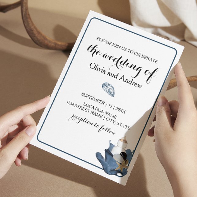 Blue iris floral coastal beach wedding invitation (Creator Uploaded)