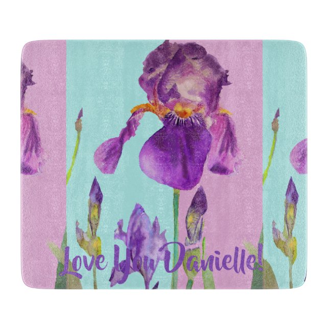 Blue Iris floral flowers Art Glass Chopping Board (Front)