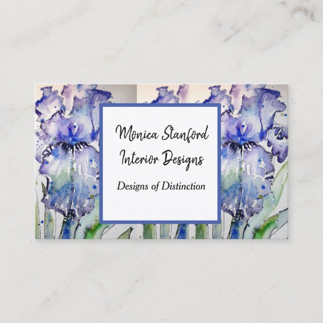 Blue Iris Floral Flowers Watercolour Business Card (Front)