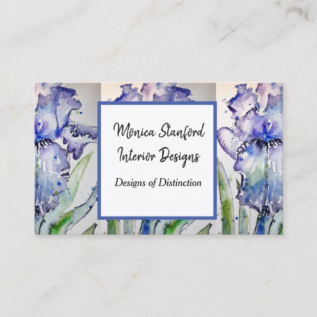 Blue Iris Floral Flowers Watercolour Business Card (Front)