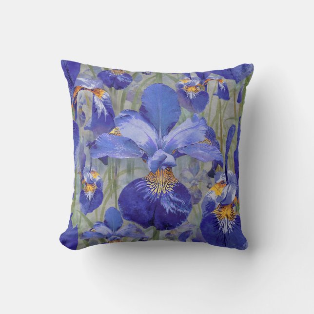 Blue Iris Floral Pattern Cushion (Front)
