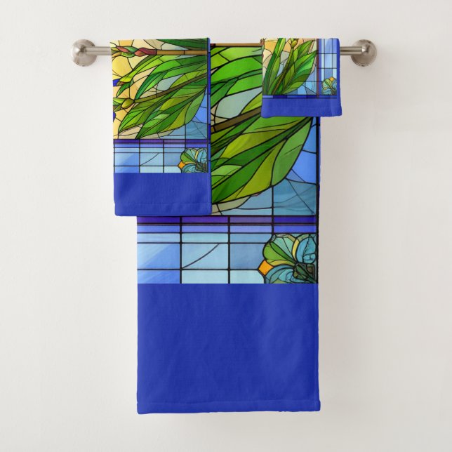 Blue Iris Floral Stained Glass Towel Set (Insitu)