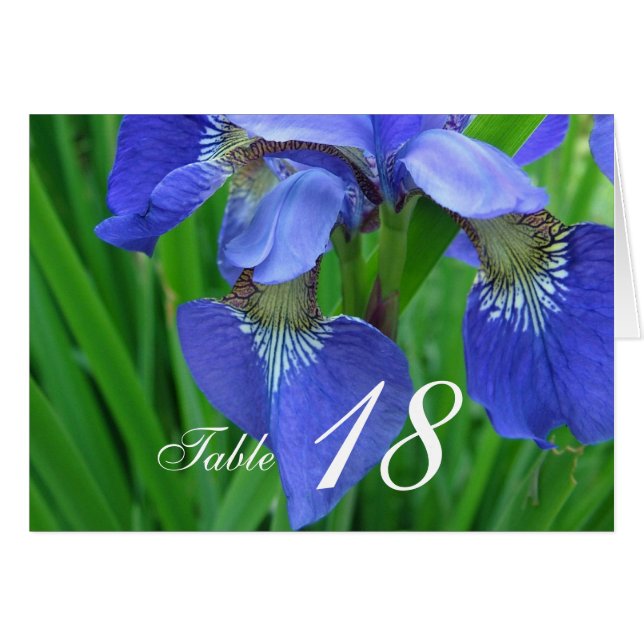 Blue iris flower dinner table number card. (Front Horizontal)